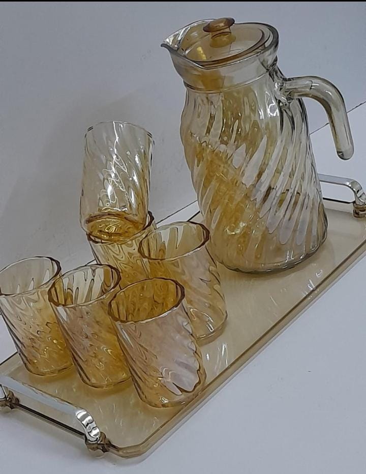 Glass Jug with glasses + Tray