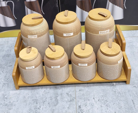 7pc Speckled Ceramic Spice set with Wooden Stand