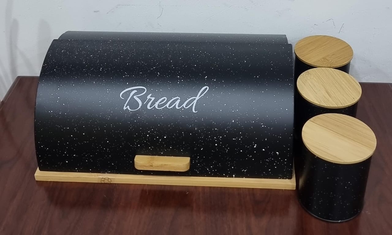 Bamboo base semi circular Flip bread bin 12L with 3 canisters each 600ml with bamboo lid