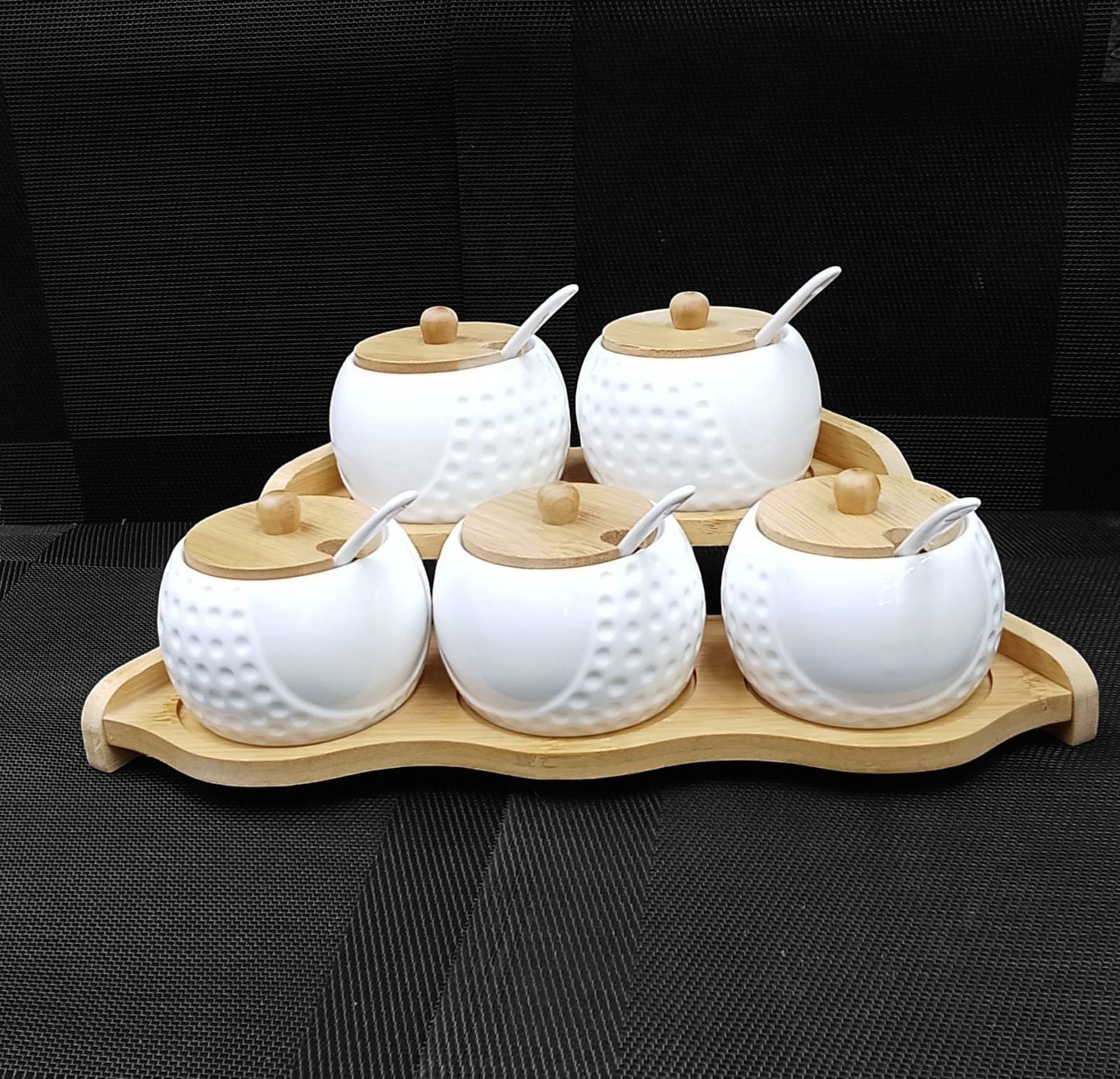 Ceramic sugar dish 5 jars and bamboo stand