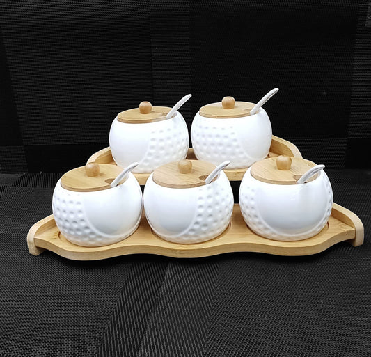 Ceramic sugar dish 5 jars and bamboo stand