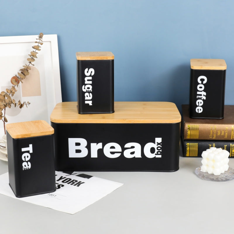 Bread Bin with Three Canister Set with Bamboo Lid