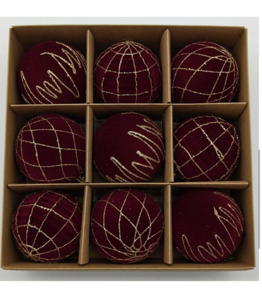 9 pcs set velvet maroon ornaments/ Christmas balls