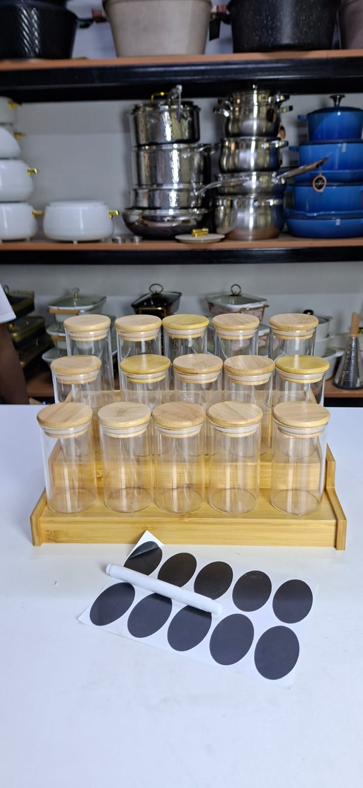 15pcs Glass Spice Jar set with a Wooden Bamboo Stand