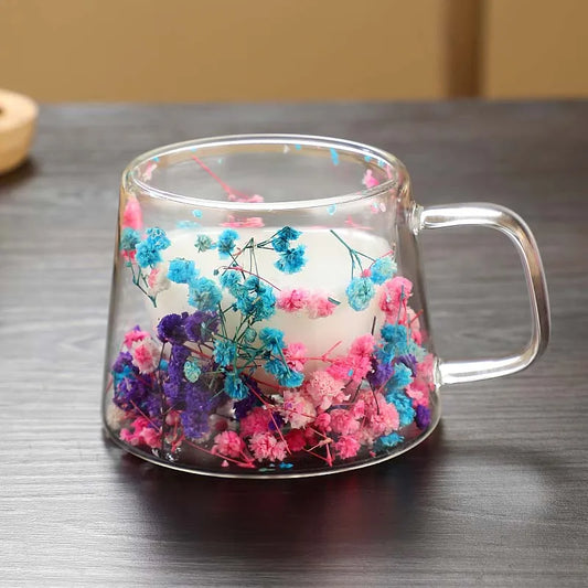 Insulated Double Wall Glass Cup Dried Flower Coffee Cup with Handle