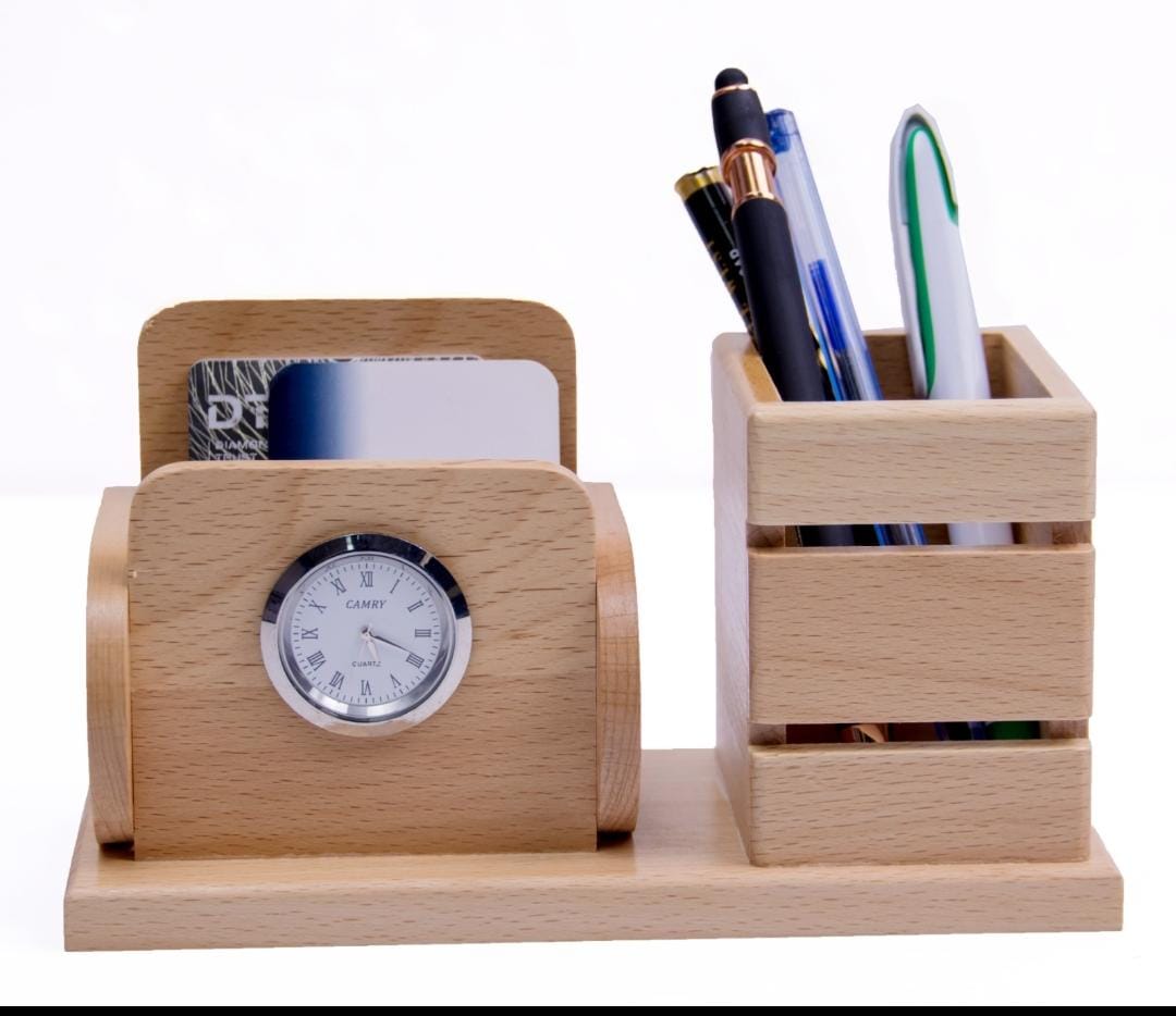 Wooden desk organiser with clock