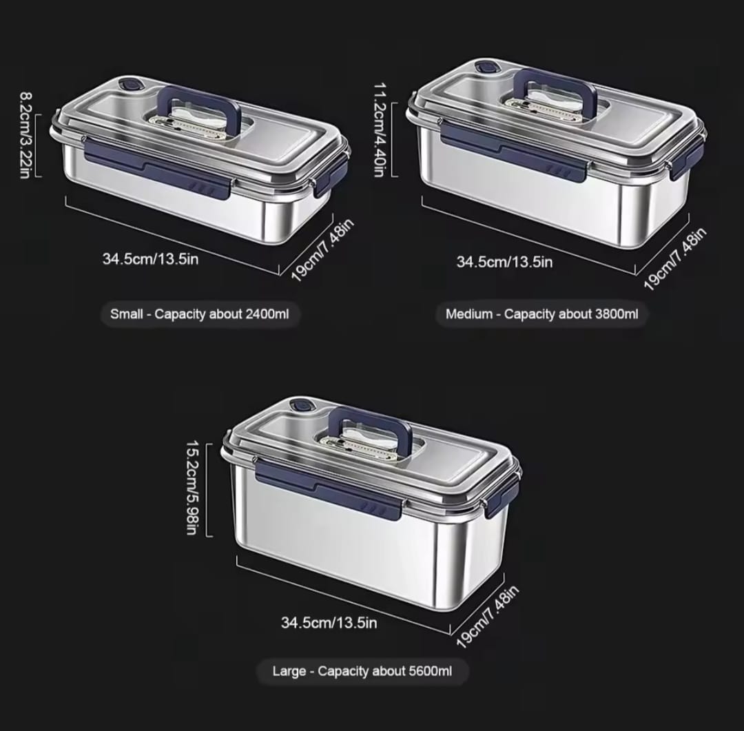 Food grade stainless steel large capacity leak proof kitchen storage container with date indicator.