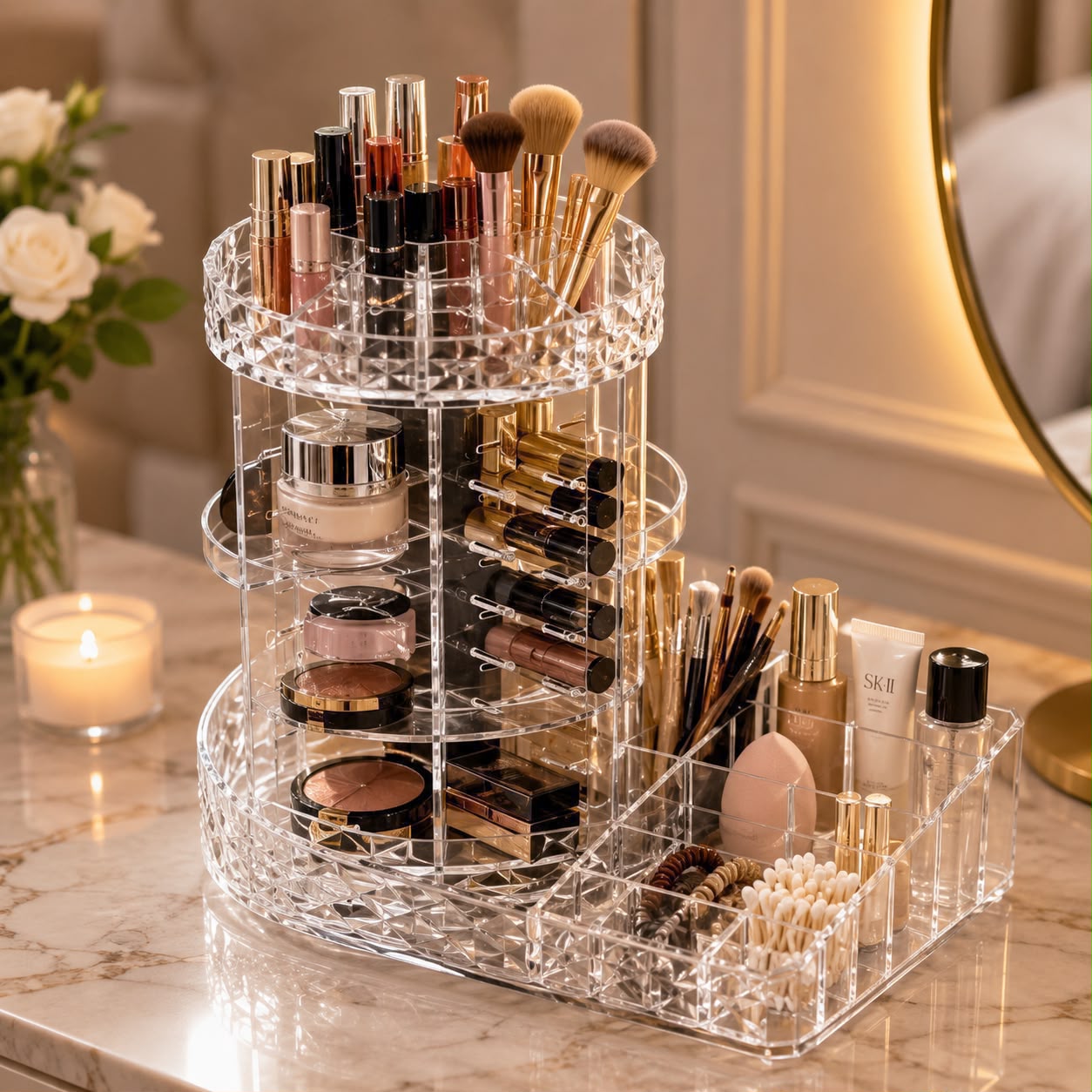 Diamond pattern Desktop Transparent Acrylic Skin Care Product Lipstick Perfume Storage Rack Dressing Table Light Luxury Rotating Cosmetics Storage Box