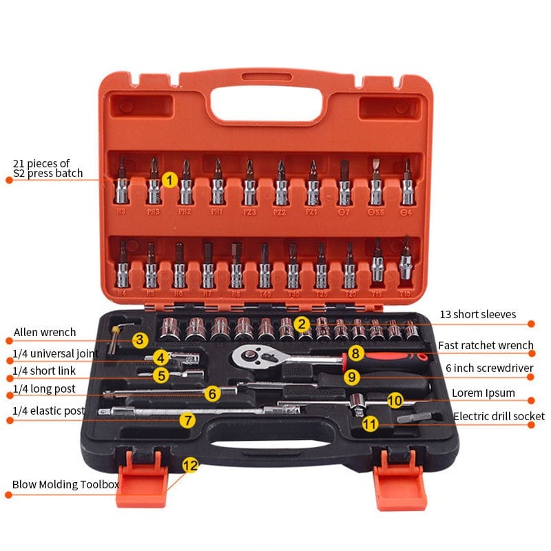 Compact and Portable 46-Piece Socket Hand Tool Set with Plastic Case