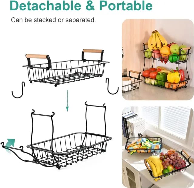 2 Tier Detachable Nordic metallic fruit/vegetable basket/rack with wooden handles and banana holder