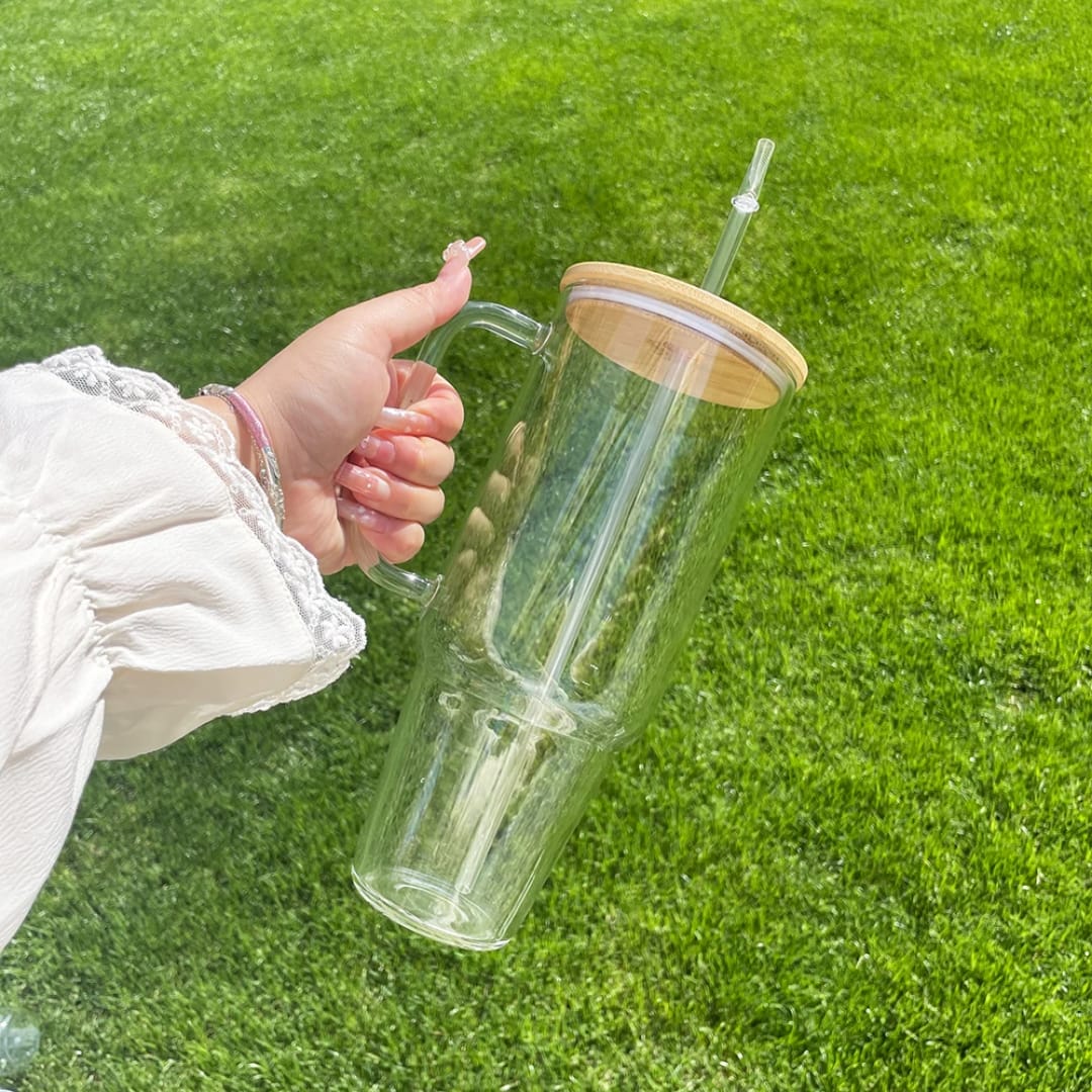 Borosilicate Bamboo Drinking Glass Cup/Tumbler with lid + Straw