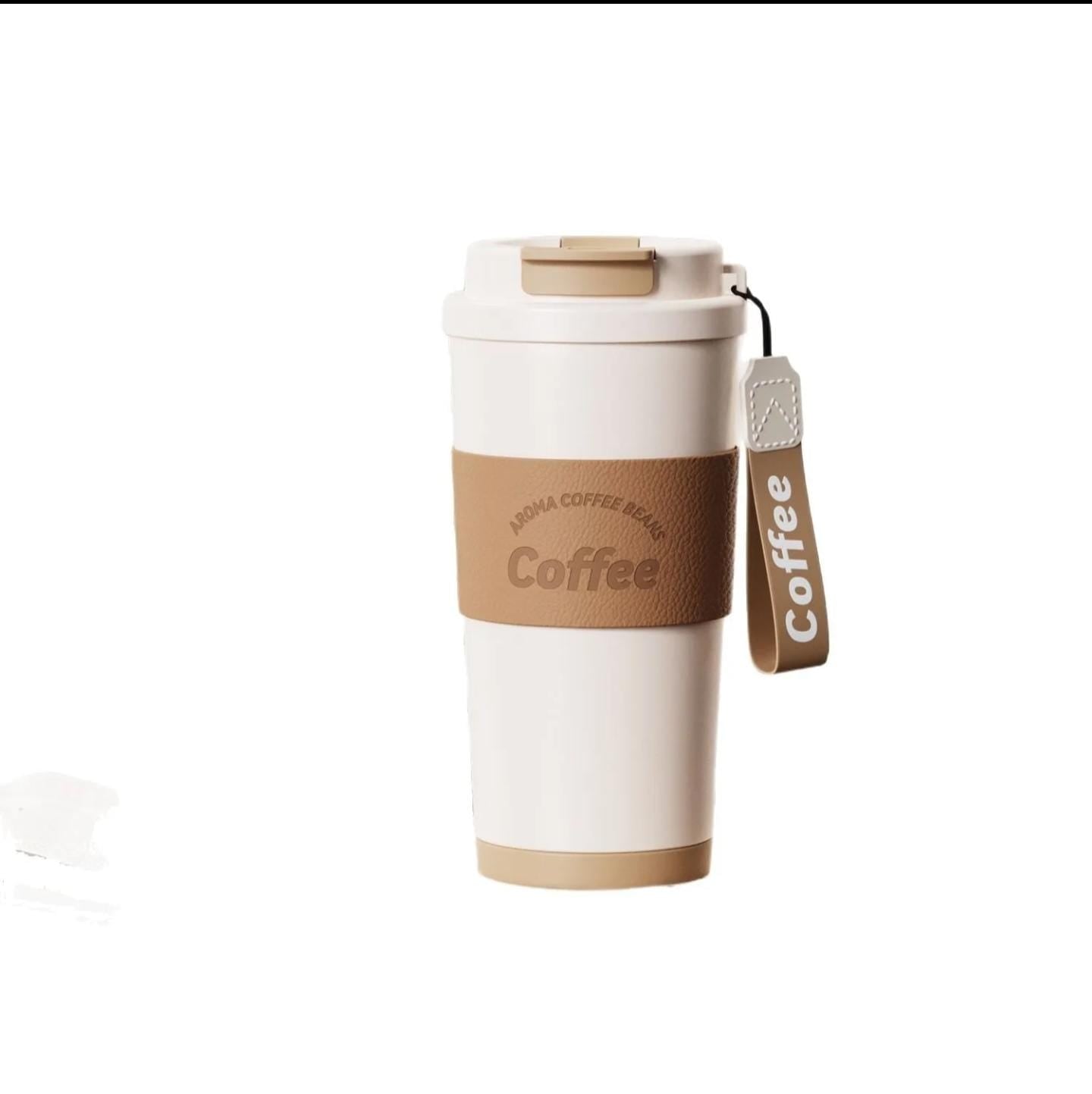 vacuum insulated 304 stainless steel Coffee mug with a leather sleeve and a straw.