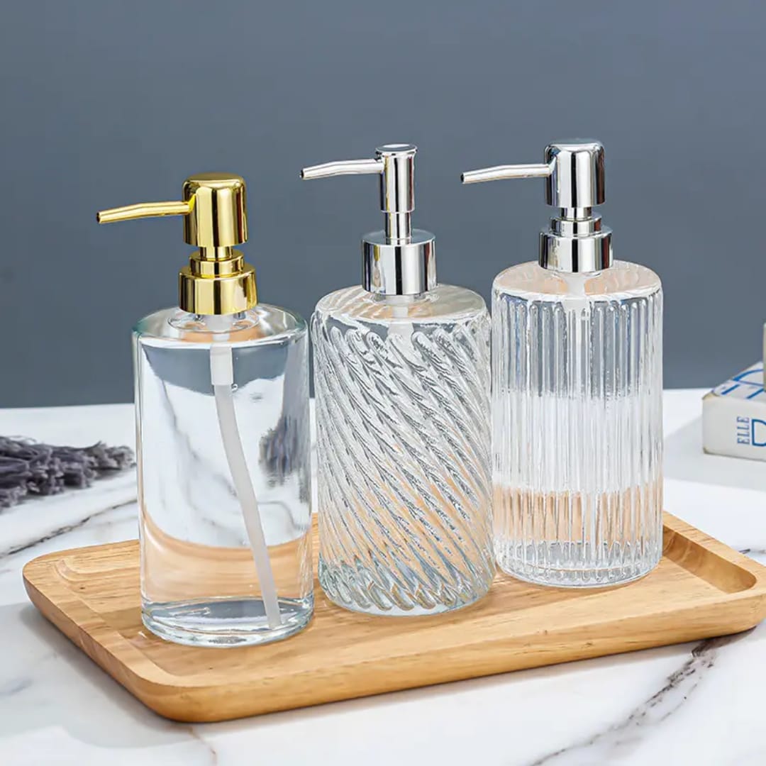 Golden Stainless Steel 400ml  Shampoo Soap Dispenser Vertical Pattern Glass Lotion Bottle