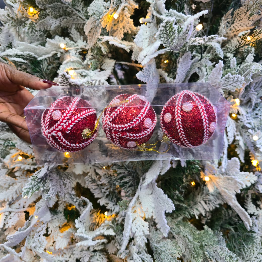 Red Wooven 3pc Set Christmas  Ball