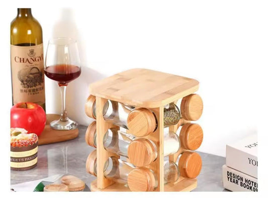 12 in 1 wooden spice rack with spice jars