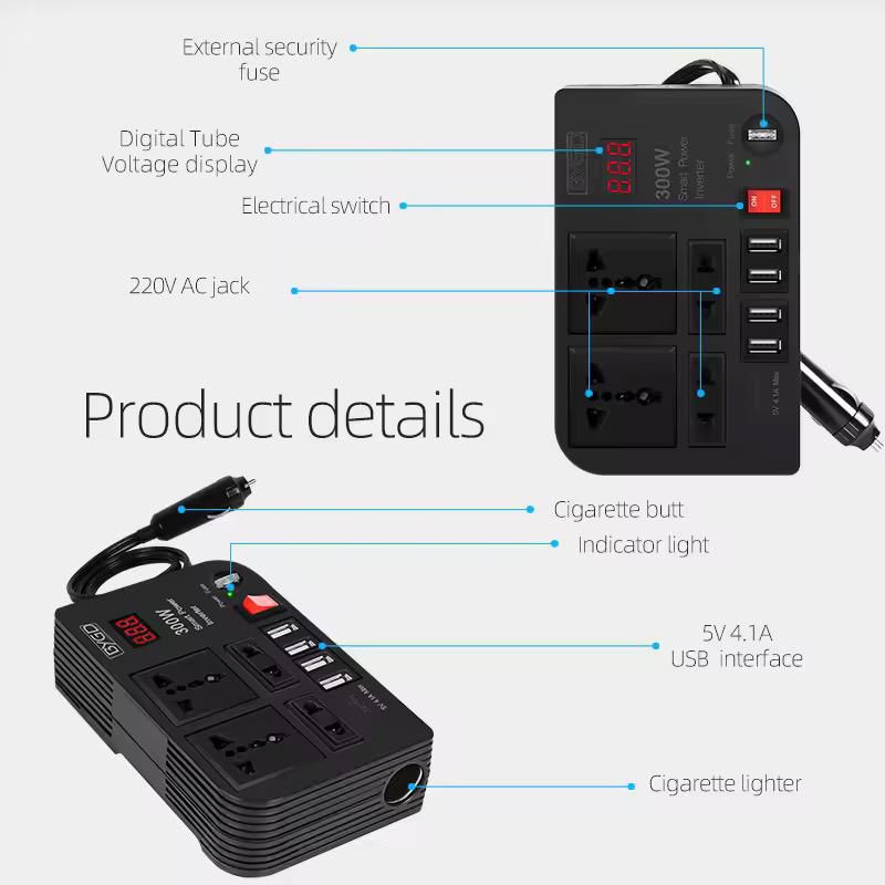 300W Car Inverter 12V 220V Modified Automobiles Inversor Converter 4 USB Socket Adapters Auto Charger Power Inverter