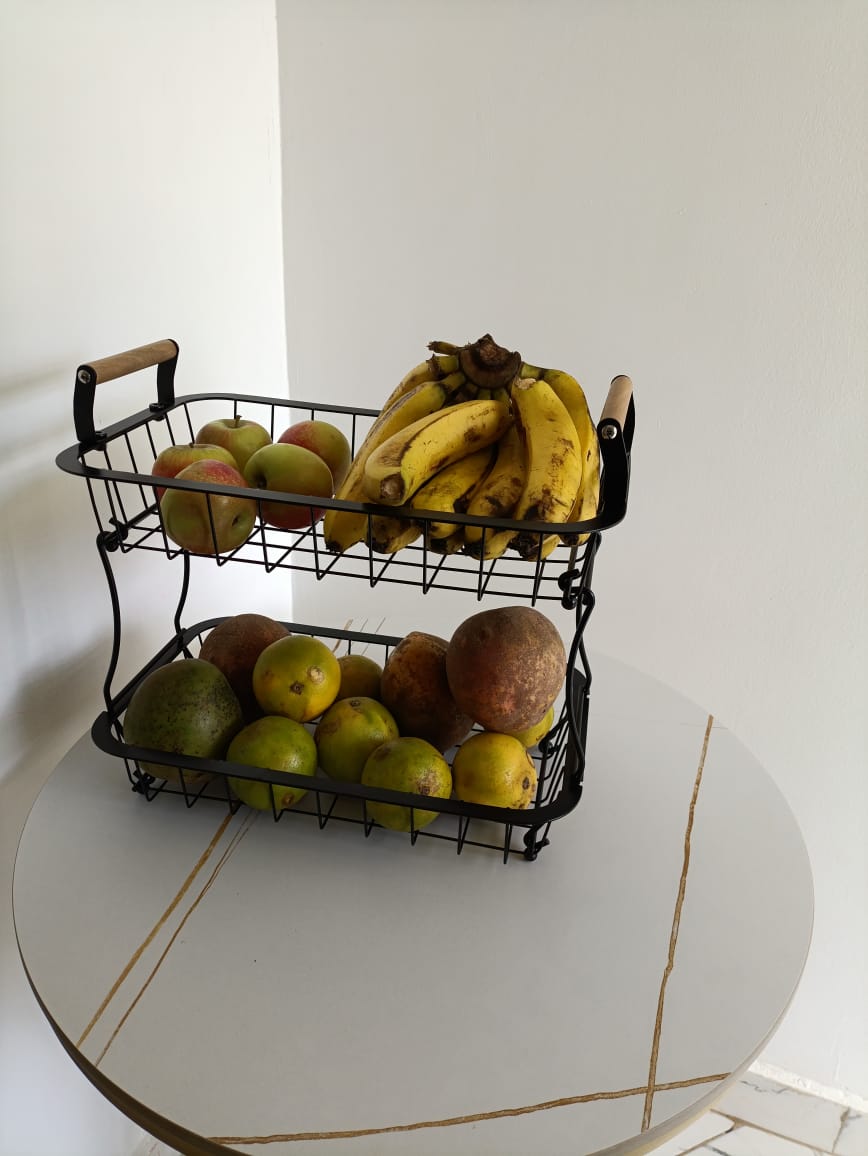 2 Tier Detachable Nordic metallic fruit/vegetable basket/rack with wooden handles and banana holder