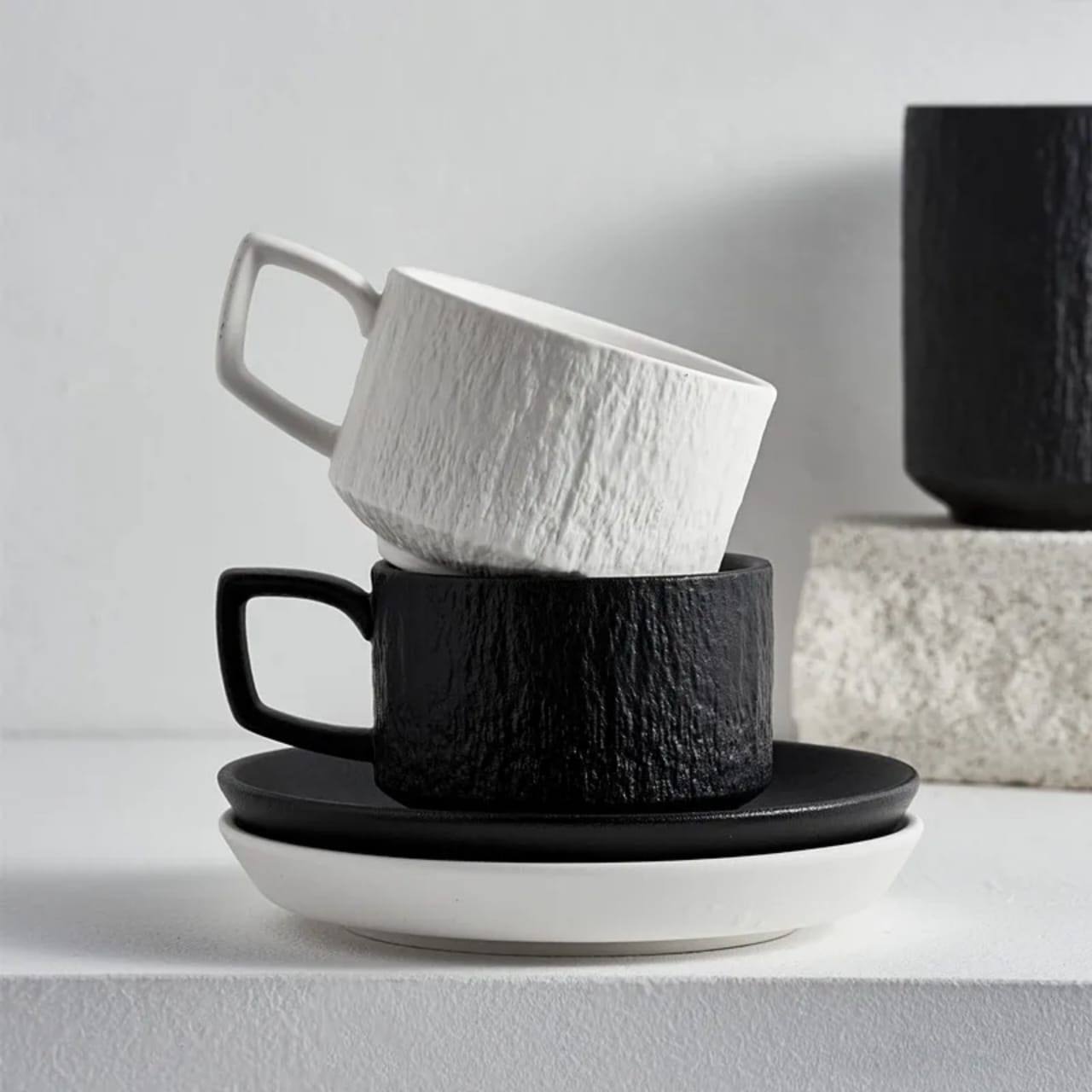 European textured Matte ceramic Cappuccino coffee cup set with saucers.