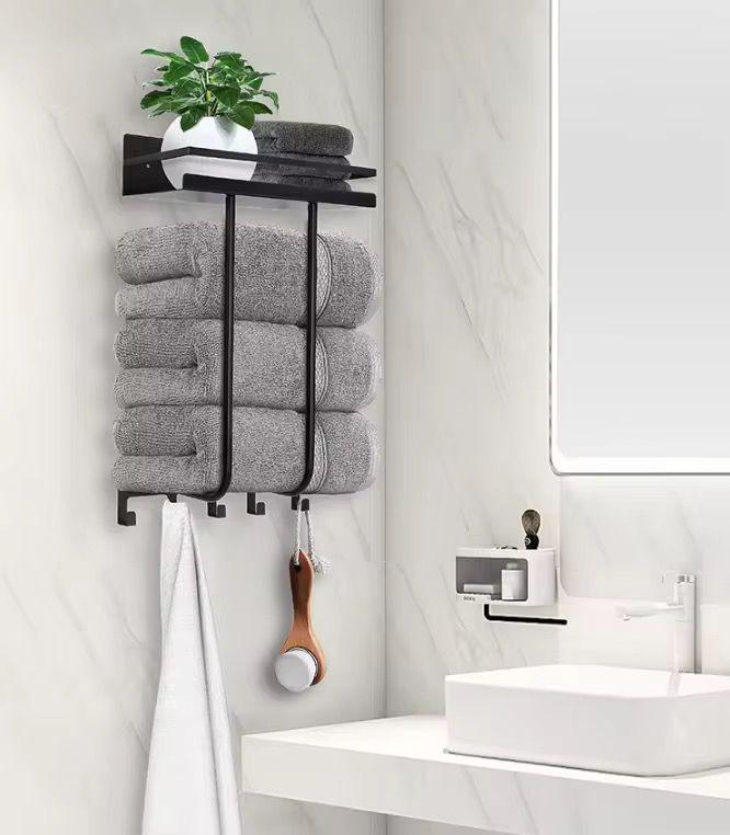Multifunctional bathroom towel holder with metal shelf and 5 hooks / wall mounted towel rack