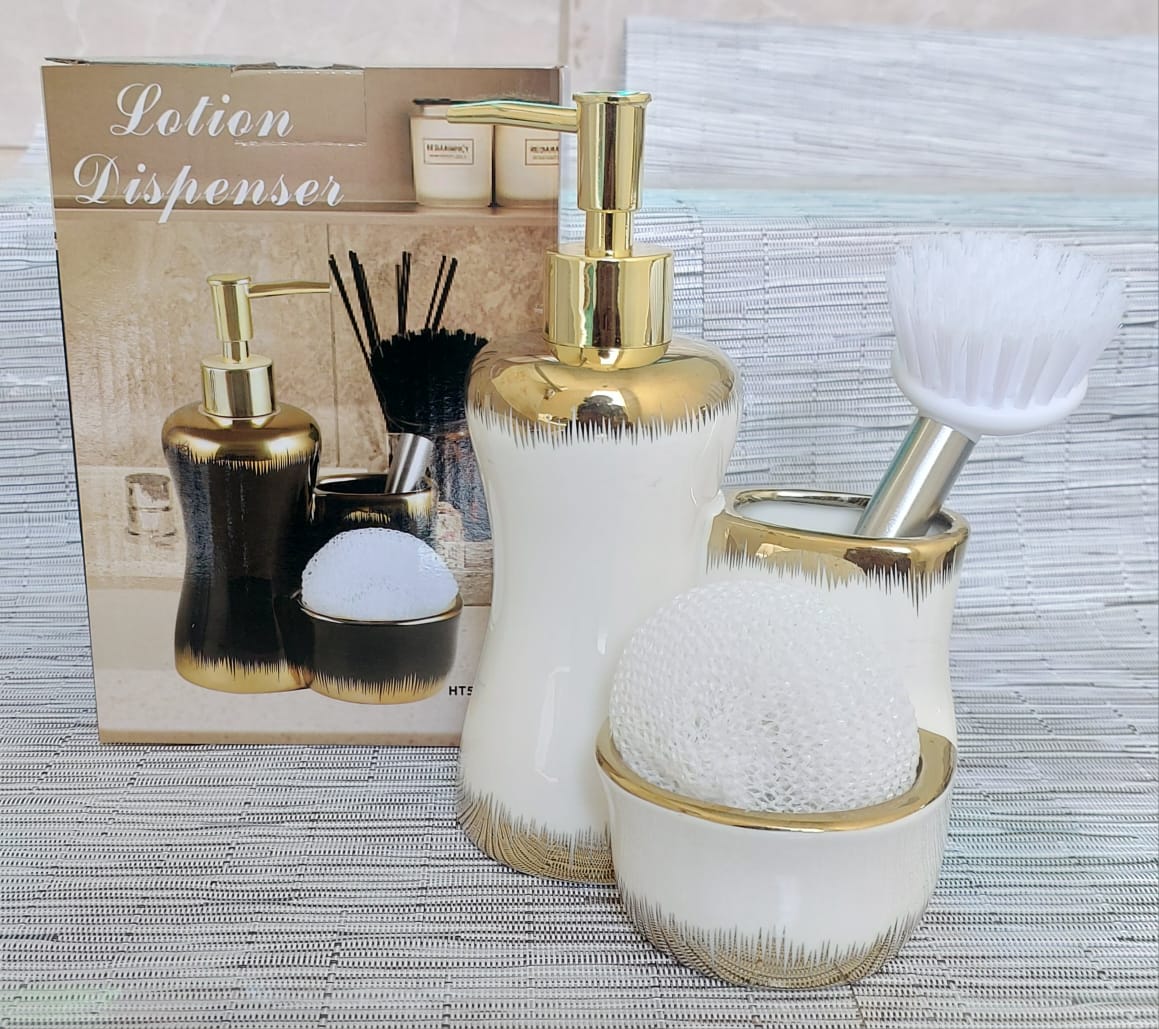 Combined 3 level ceramic lotion / soap dispenser with 2 slots brush and wash pad 




Pmbz