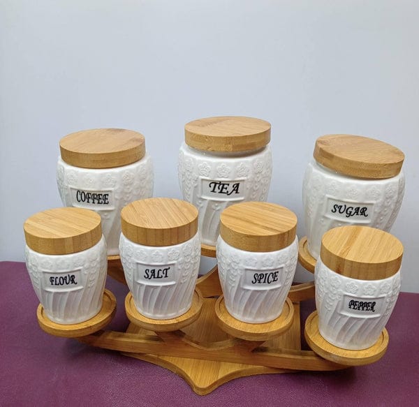 7pcs Ceramic Canisters With A Bamboo Stand and Bamboo Lids
