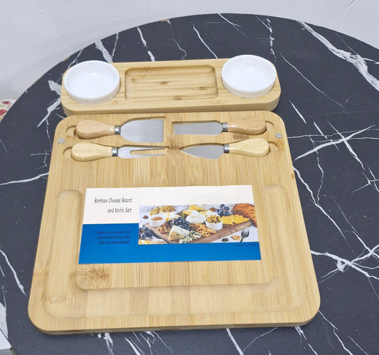 Bamboo Cheese Board & Cutlery set with 2 Ceramic Dips