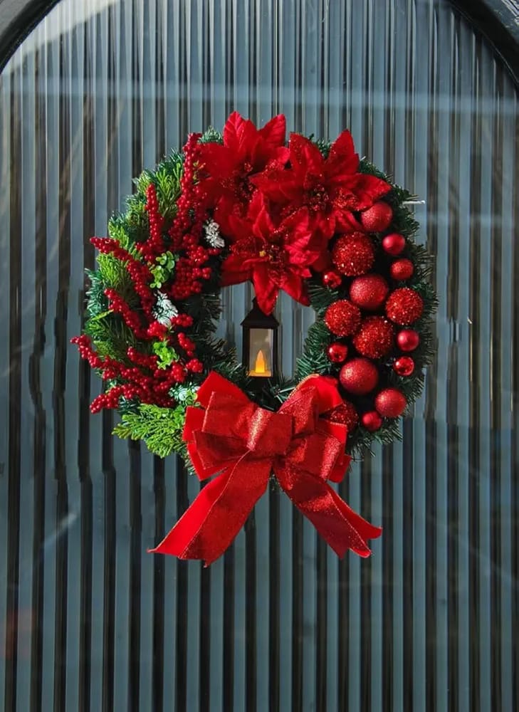 Christmas Front Door Wreath Artificial Red Berry Grass Bow Ornament with LED Kerosene Lamp Decoration