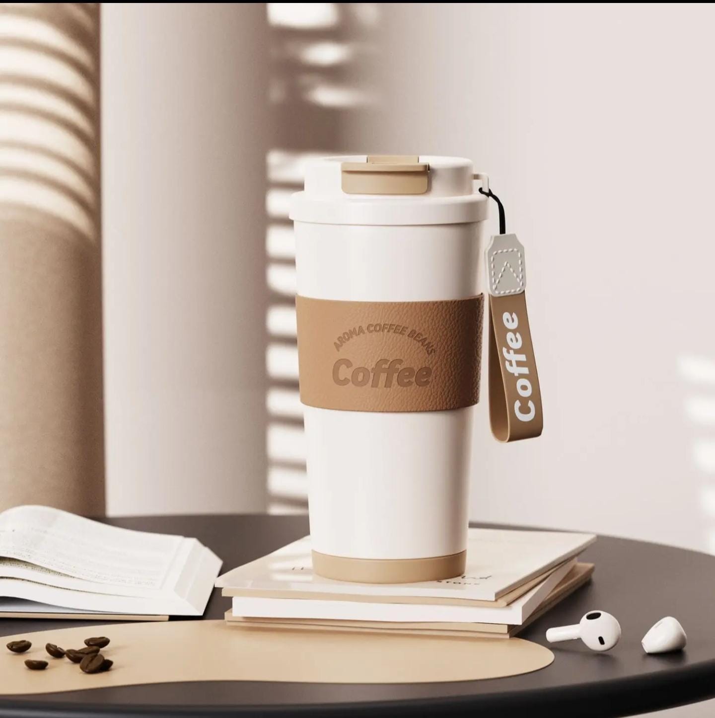 vacuum insulated 304 stainless steel Coffee mug with a leather sleeve and a straw.