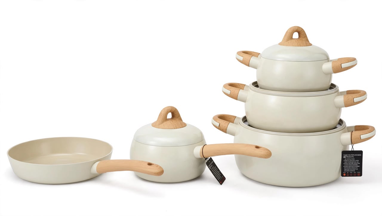 High quality UCC LIFE 9PCS Cream Beige Non-Stick Set with ceramic coating