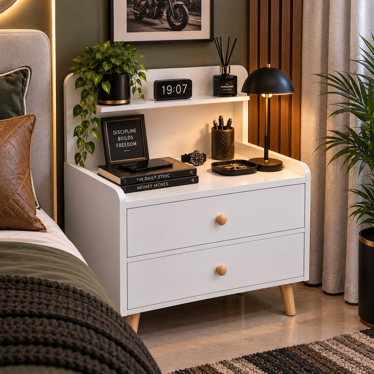 Minimalist wooden bedside table with drawer
