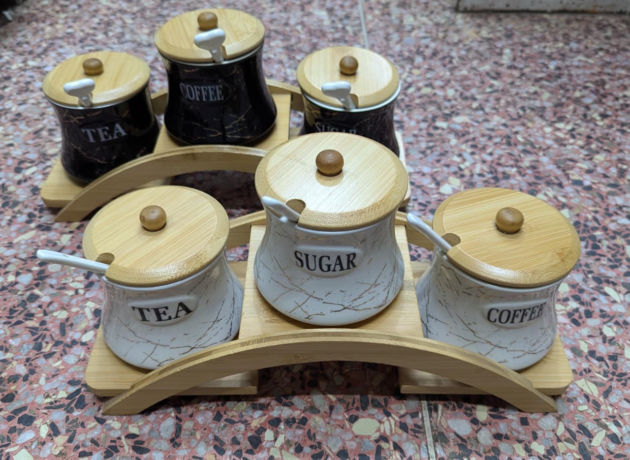 3pcs Ceramic Canisters Set with Bamboo Rack And Wooden Lids