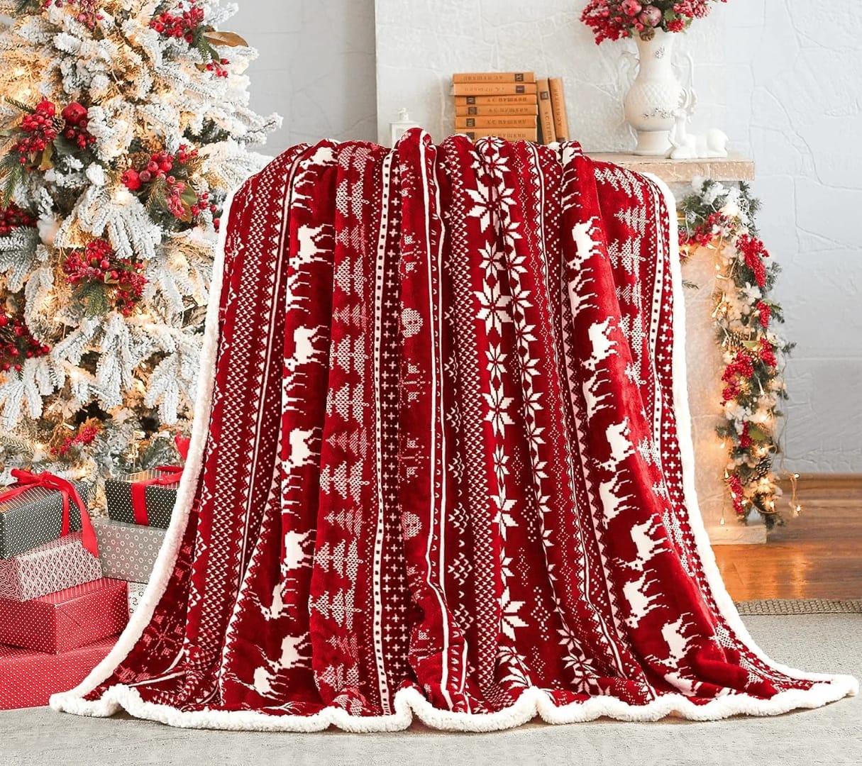 Navidad Christmas Reindeer Throw Blanket Double Layer Thicken Fluffy Soft Fleece Flannel Santa Claus Snowman Blanket Home Gift