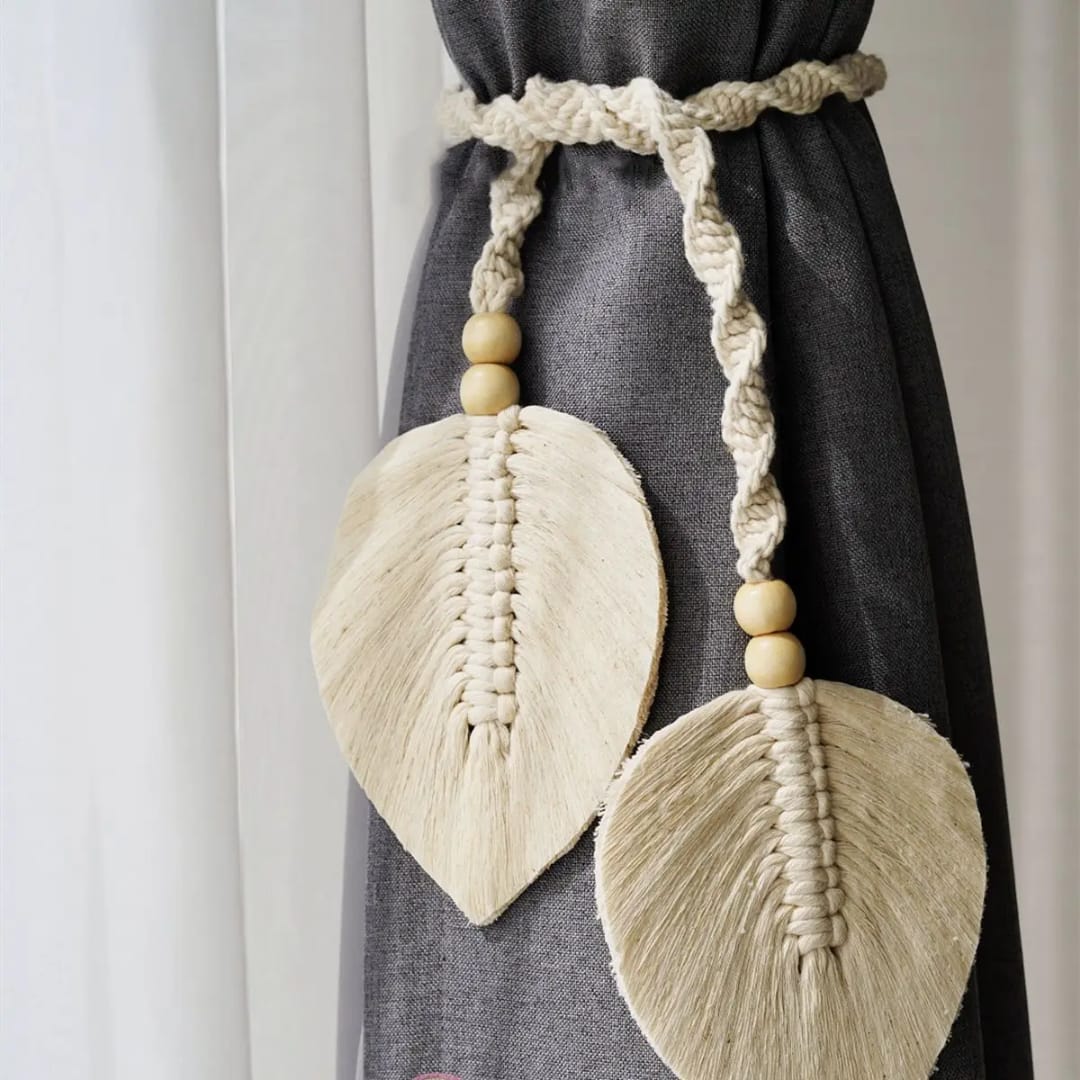 Leaf Curtains with Straps Home Bohemian Lace Living Room Bedroom Curtains with Straps Pure Handmade Woven Leaf Curtains Tie