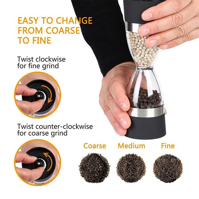 Manually adjustable thickness, hour glass 2 in 1 Dual Salt Pepper Spice Grinder