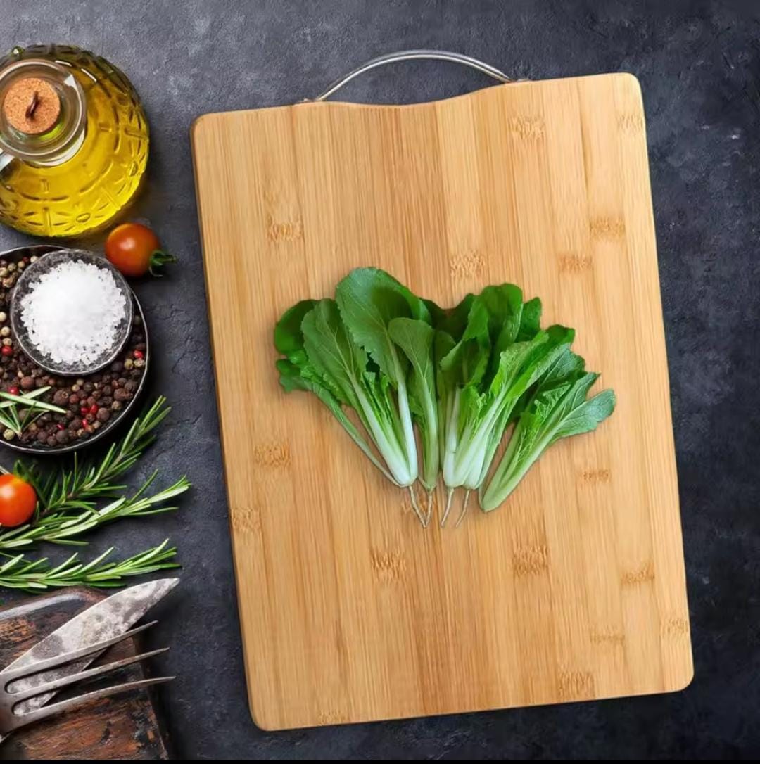 Heavy wooden chopping board with metallic handle