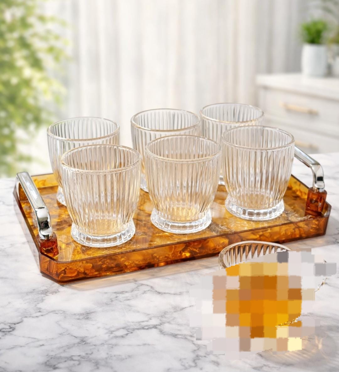 VERTICAL STRIPE WATER GLASS SET WITH TRAY