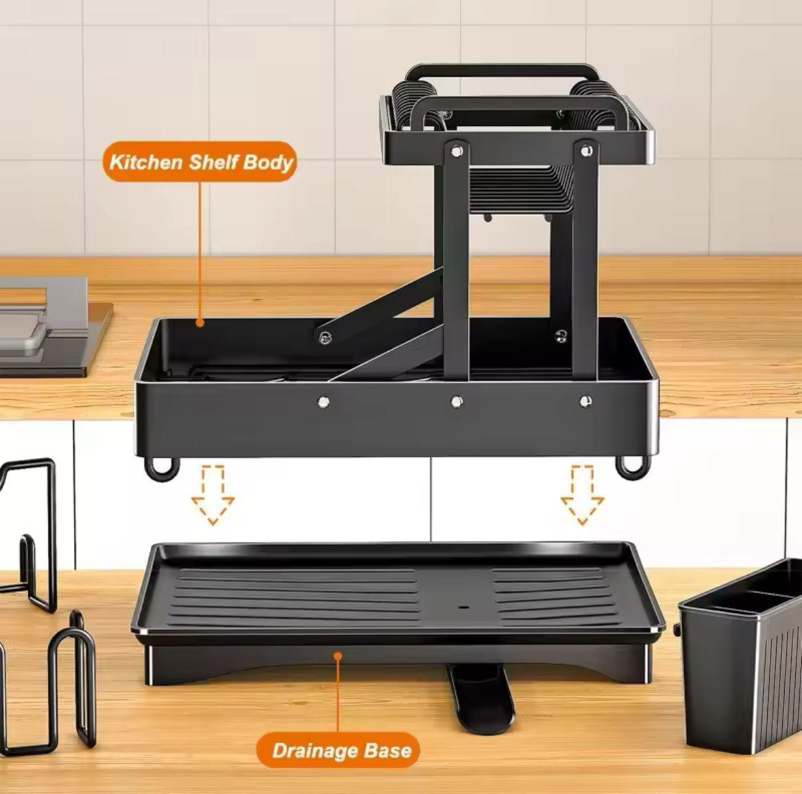 2 Tier Foldable Dish Drying Rack with Drip