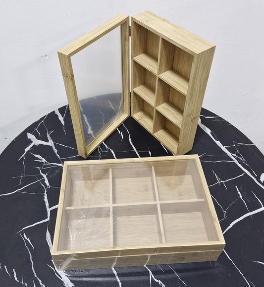 6 - Section Bamboo Teabag Organizer Box with clear lid