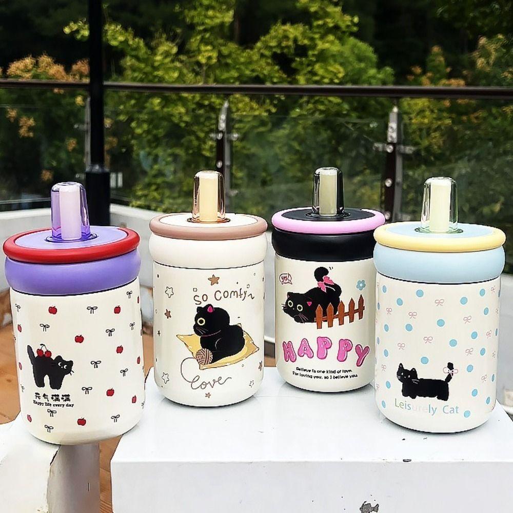 Cute LeakProof 500ml Insulated Water Cup Cartoon Black Cat with love Thermos Bottle with Handle