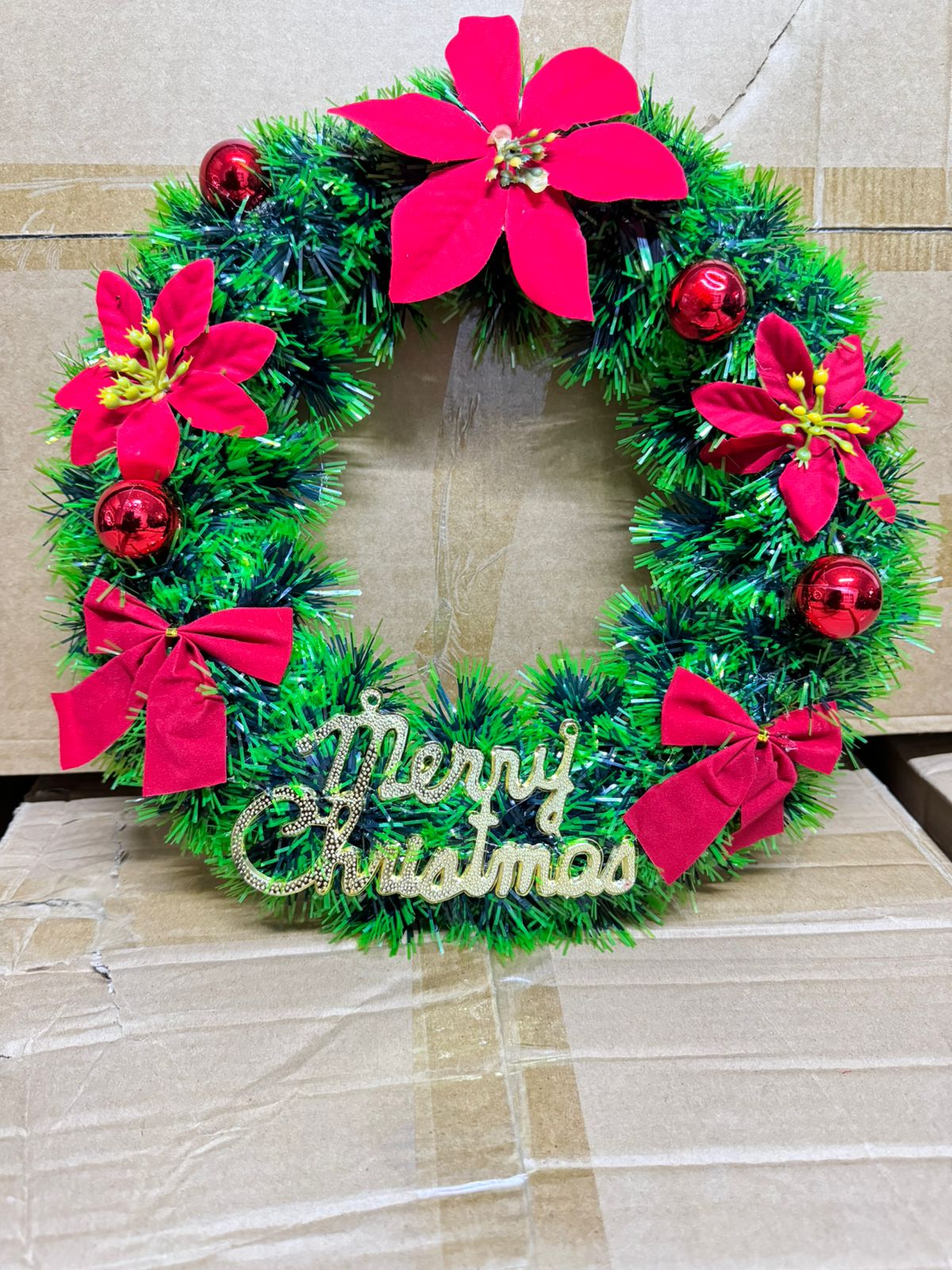 30CM Christmas Wreath for Front Door \ Window with pine artificial garland, Christmas red balls, red bow ties flowers & MERRY CHRISTMAS Word