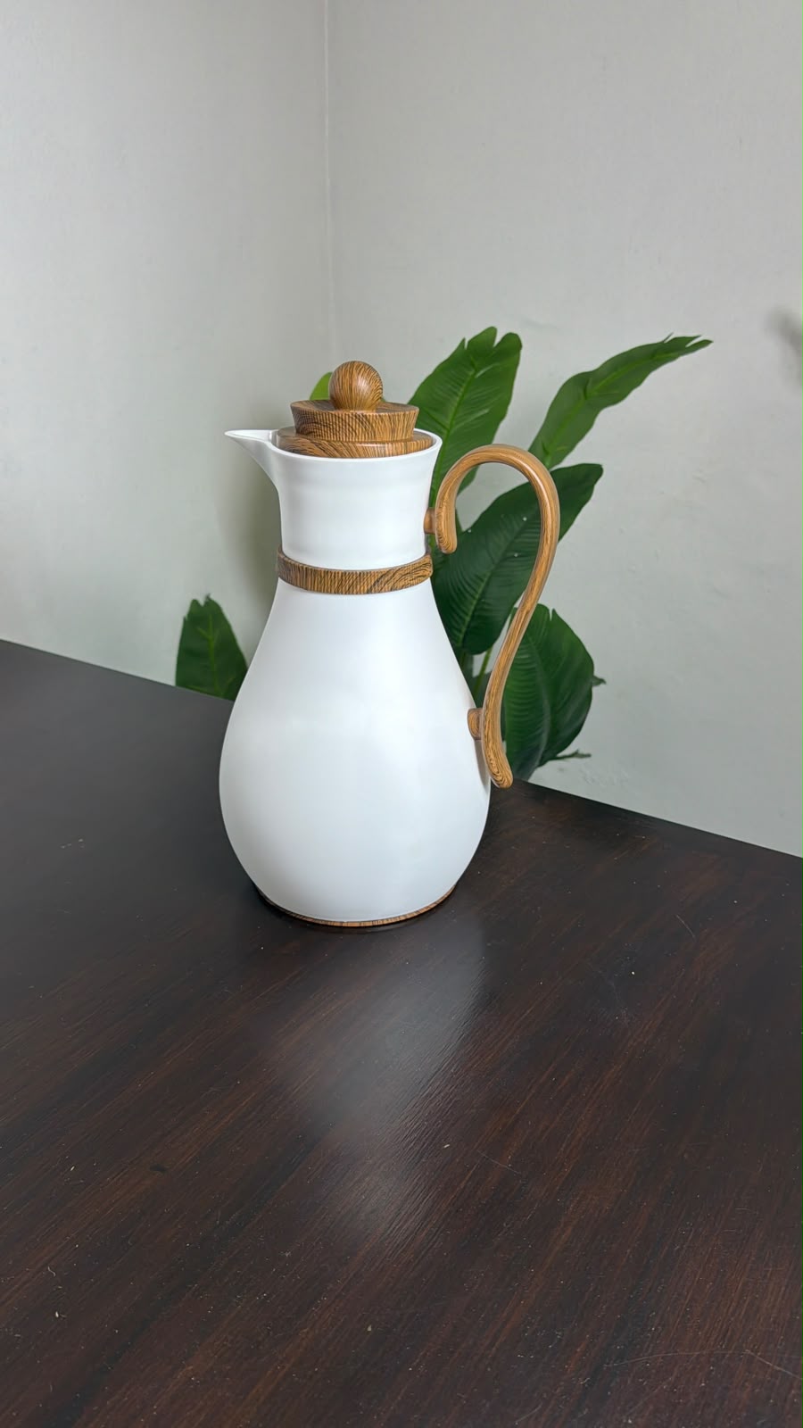 Pot Shaped Vacuum Flask with Wood-Grain Handle and Lid (1.0 L)