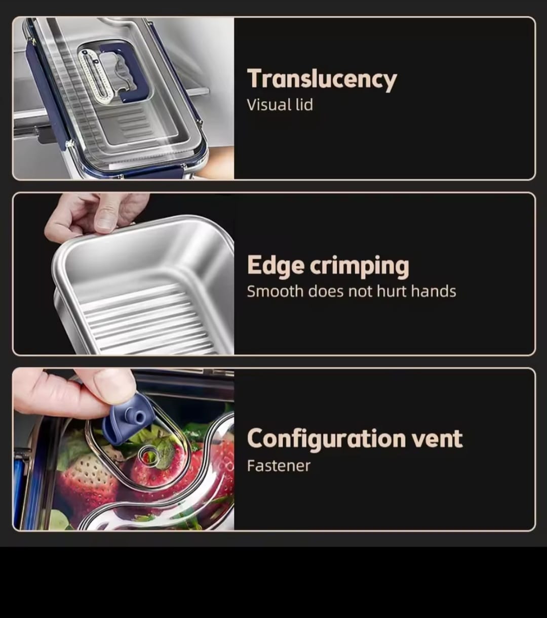 Food grade stainless steel large capacity leak proof kitchen storage container with date indicator.
