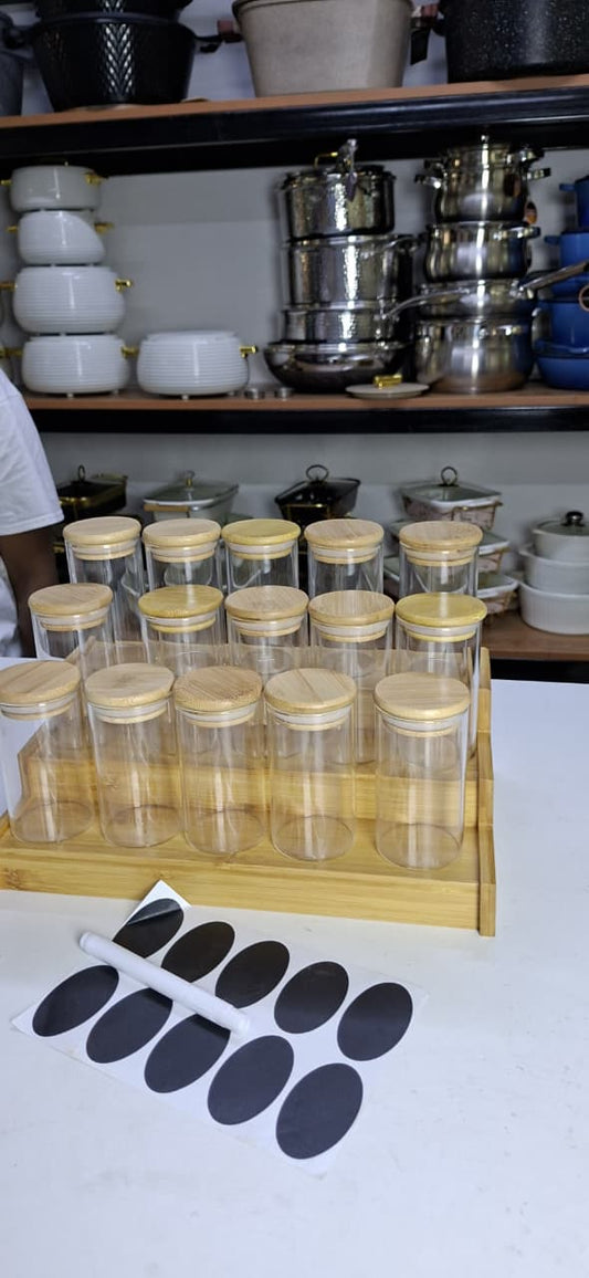 15pcs Glass Spice Jar set with a Wooden Bamboo Stand