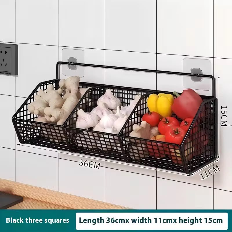 Wall mounted mesh kitchen storage rack / 3 compartment kitchen storage rack