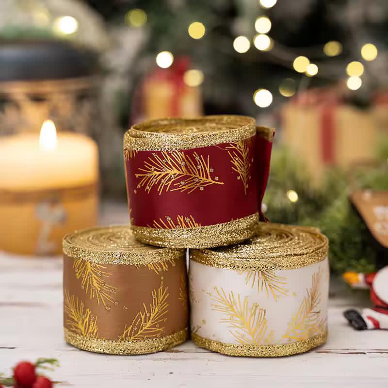 5M Christmas Ribbon with Iron Wire Glitter Gold