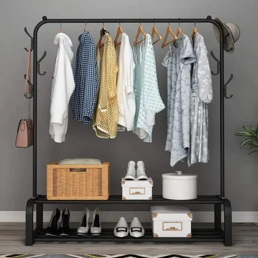Cloth Rack With Double Lower Storage Shelf for Boxes /Shoes And Side Hooks for bag,scarfts