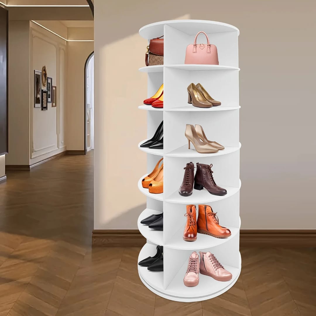 Smart Intelligent Full-Height 360 Degree 7 layer Rotating DIY Wood shoe Rack cabinet ,decor stand,hand bag rack