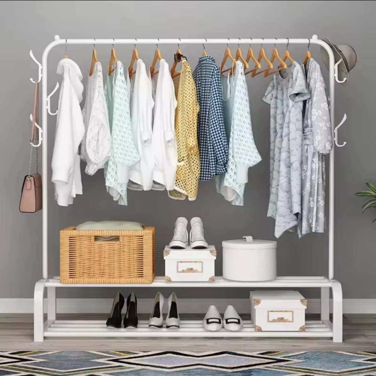Cloth Rack With Double Lower Storage Shelf for Boxes /Shoes And Side Hooks for bag,scarfts