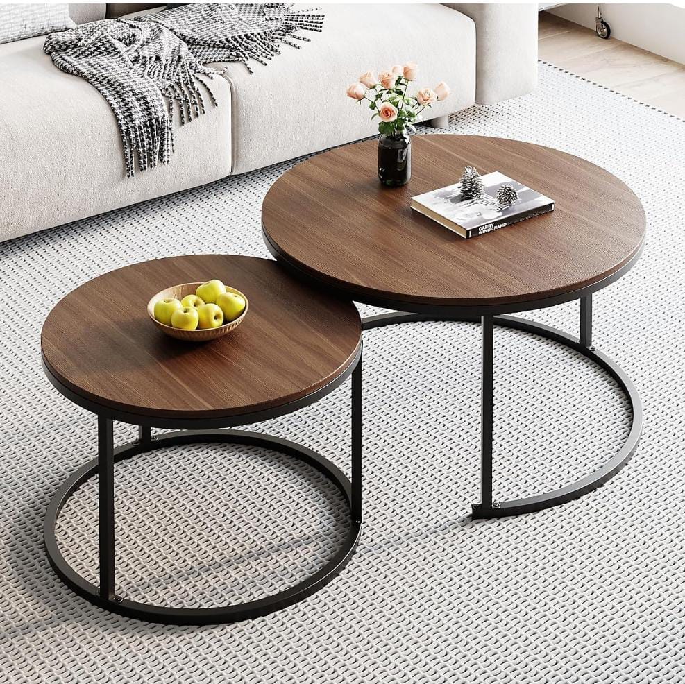 Rustic style woodenCoffee Table Nesting Set of 2 Round End Table