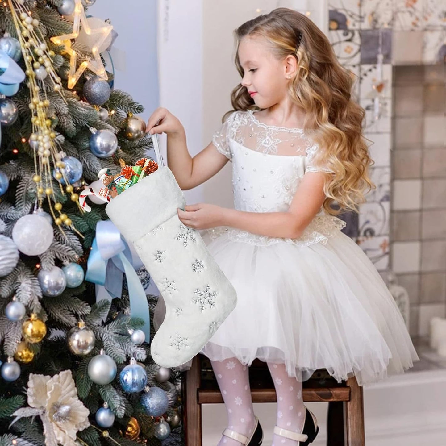 4 Pack Christmas White Faux Fur Xmas socks with Silver Sequin Snowflakes